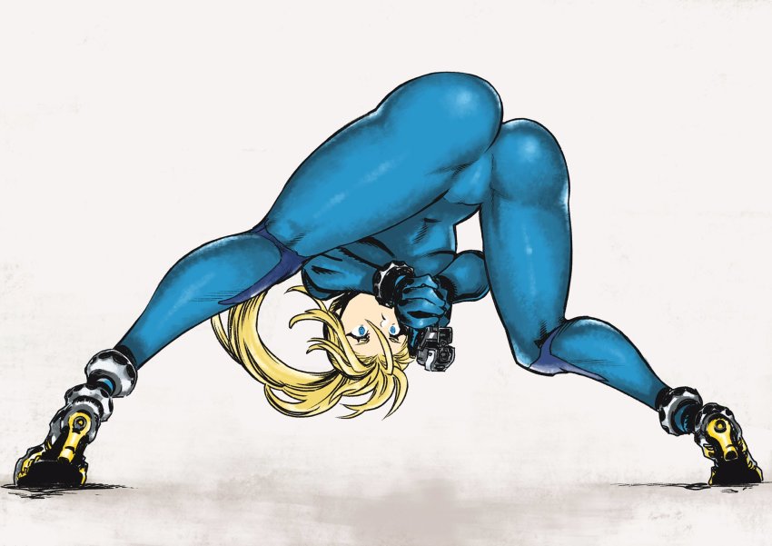 1girl ass bent_over blonde_hair bodysuit boots cameltoe curvy from_behind gun hair_between_eyes handgun high_heel_boots high_heels highres holding holding_gun holding_weapon huge_ass metroid nintendo pistol ponytail samus_aran shiny_clothes skin_tight solo spread_legs thighs tsunamino_yuu weapon wide_spread_legs zero_suit