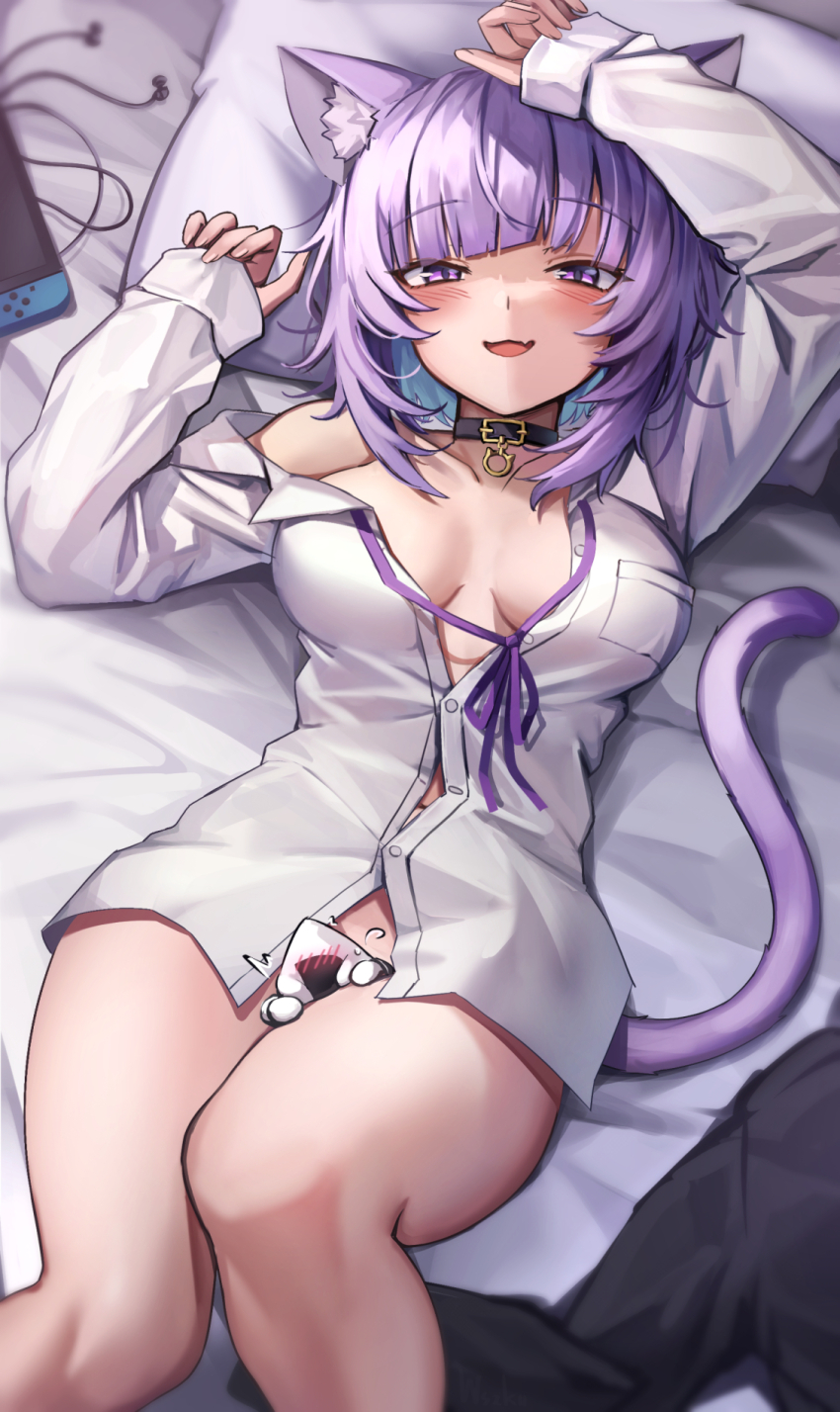 :d animal_ear_fluff animal_ears arm_up backpack bag bare_shoulders blunt_bangs blush breasts button_gap cat_ears cat_girl cat_tail cleavage collar earphones food highres hololive knees_up large_breasts long_sleeves looking_at_viewer navel nekomata_okayu nekomata_okayu_(oversized_shirt) nintendo_switch no_bra no_panties off_shoulder onigiri open_mouth pillow purple_eyes purple_hair randoseru shirt short_hair smile tail virtual_youtuber white_shirt wszkii