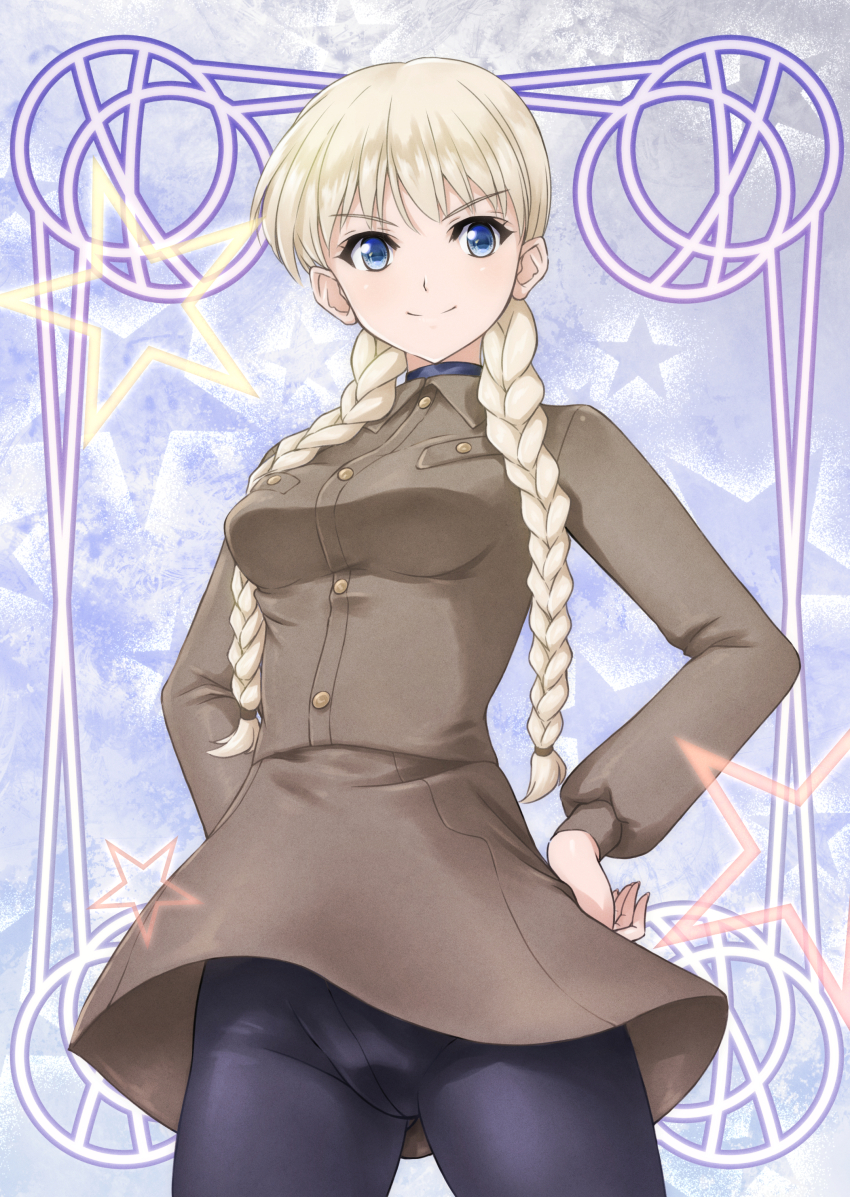 1girl absurdres black_pantyhose blonde_hair blue_eyes blush braid breasts closed_mouth crotch_seam hands_on_own_hips highres large_breasts long_hair looking_at_viewer luminous_witches lyudmila_andreyevna_ruslanova memory_(prophet5) pantyhose smile solo twin_braids world_witches_series