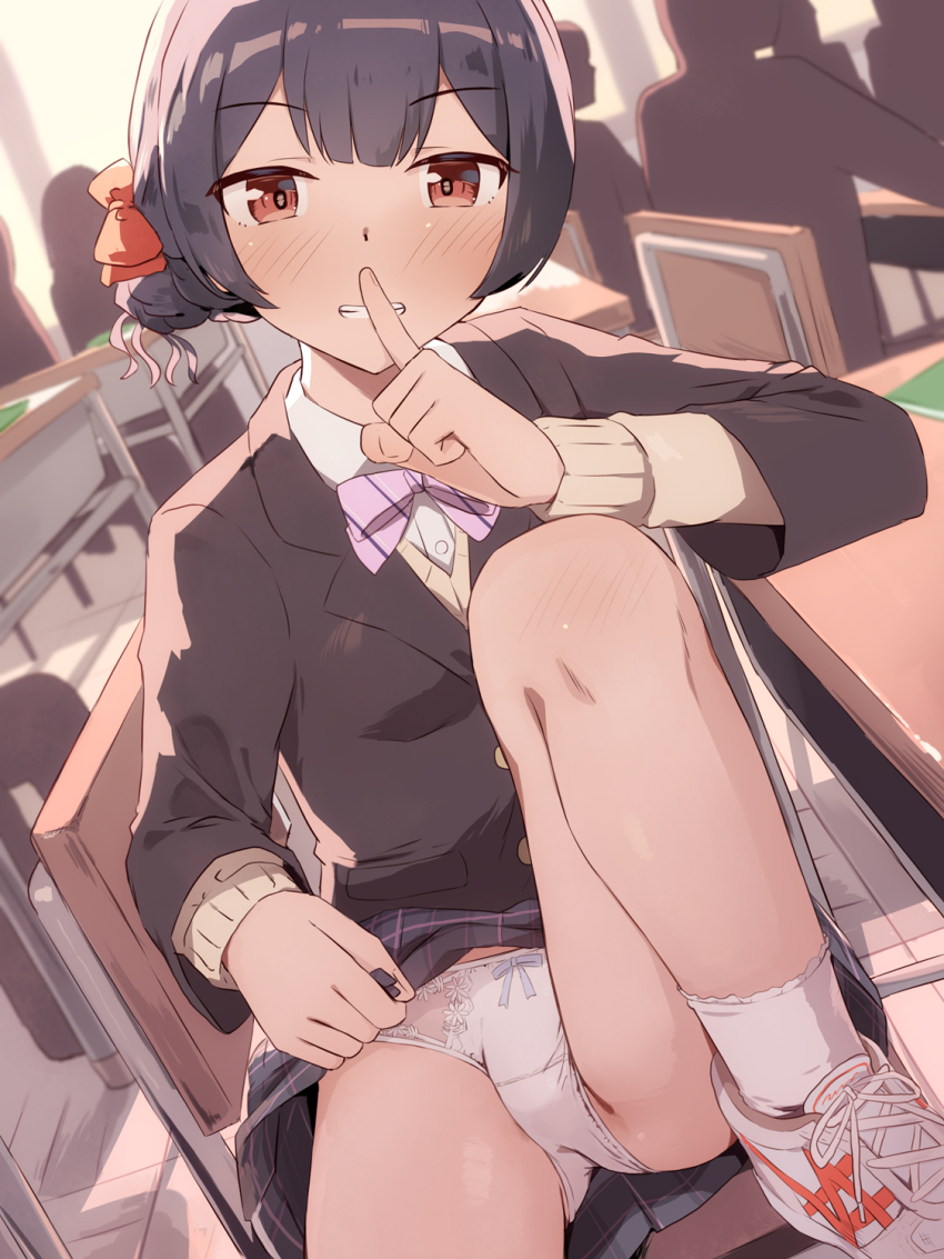 1girl black_hair blush bow bow_panties cardigan chair classroom desk female_focus finger_to_mouth hair_bow highres idolmaster idolmaster_shiny_colors indoors knee_up long_sleeves looking_at_viewer morino_rinze paid_reward_available panties people plaid_clothes plaid_skirt purple_bow red_bow red_eyes school_chair school_desk seneto shoes short_hair shushing sitting skirt smile socks teeth thighs underwear white_panties white_shoes white_socks