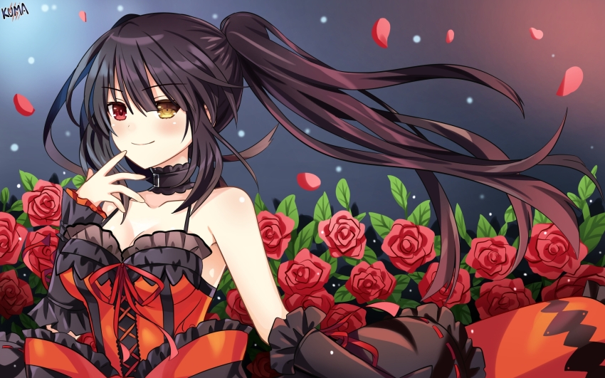 1girl arm_warmers artist_logo bare_shoulders black_choker black_hair breasts choker clock_eyes closed_mouth collarbone date_a_live dress flower frilled_choker frilled_dress frills hair_between_eyes hand_on_own_face hand_up heterochromia highres lewdkuma light_blush long_hair looking_at_viewer medium_breasts negative_space orange_dress petals red_eyes red_flower red_rose rose rose_petals smile solo symbol-shaped_pupils tokisaki_kurumi twintails uneven_twintails upper_body yellow_eyes