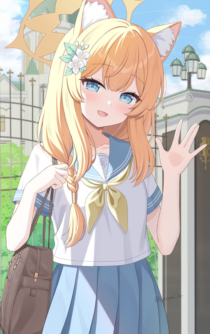 1girl animal_ear_fluff animal_ears bag blonde_hair blue_archive blue_eyes blue_sailor_collar blush braid brown_bag cat_ears church collarbone cowboy_shot dot_nose fence flower hair_between_eyes hair_flower hair_ornament halo head_tilt highres kurumi_lm long_hair looking_at_viewer mari_(blue_archive) neckerchief open_mouth outdoors sailor_collar school_uniform serafuku shirt shoulder_bag smile solo twitter_username waving white_shirt yellow_halo yellow_neckerchief