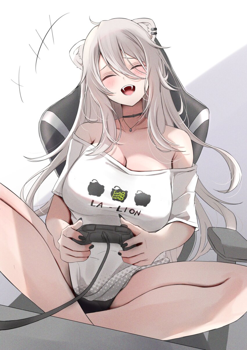 1girl absurdres animal_ears black_choker black_nails blush breasts choker closed_eyes controller fangs grey_hair highres holding holding_controller hololive large_breasts lion_ears lion_girl long_hair nail_polish nerorigogo official_alternate_costume open_mouth playing_games shirt shishiro_botan shishiro_botan_(casual) smile virtual_youtuber white_shirt