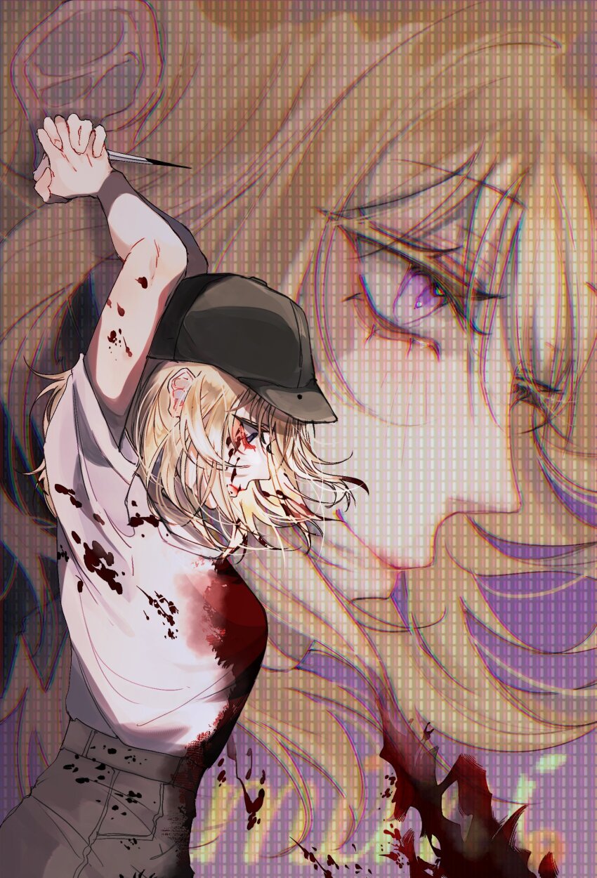 1girl absurdres arms_up bang_dream! bang_dream!_it&#039;s_mygo!!!!! baseball_cap black_hat blonde_hair blood blood_on_arm blood_on_clothes blood_on_face blood_splatter from_side grey_pants hat highres holding holding_weapon looking_down medium_hair misumi_uika multiple_views own_hands_together pants perfect_blue purple_eyes ristie shirt short_sleeves upper_body weapon white_shirt