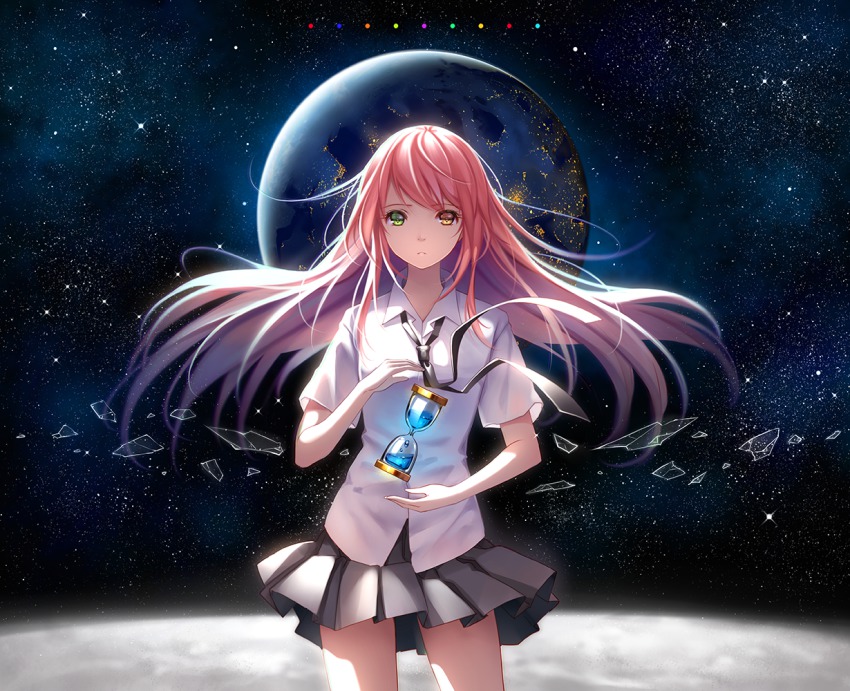 1girl earth_(planet) female_focus heterochromia hourglass long_hair looking_at_viewer moon necktie niya on_moon original pink_hair planet shards shirt short_sleeves skirt solo space tidsean very_long_hair