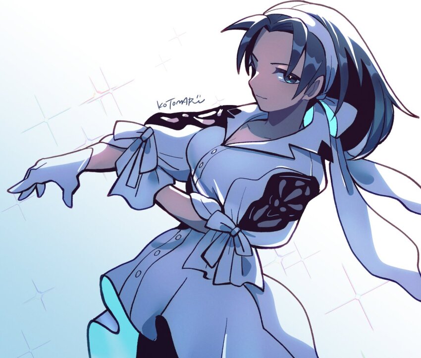 1girl black_eyes black_hair breasts buttons cleavage closed_mouth collarbone cowboy_shot gloves hairband kazama_jun kotorai looking_at_viewer outstretched_arm shirt signature solo sparkle tekken white_background white_gloves white_hairband white_shirt