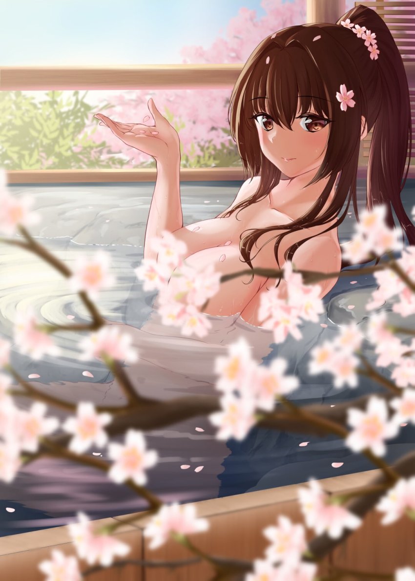 1girl bathing blue_sky blurry blurry_foreground blush breasts brown_eyes brown_hair cherry_blossoms closed_mouth collarbone convenient_censoring day flower hair_flower hair_ornament hand_up highres indoors kantai_collection large_breasts long_hair looking_at_viewer onsen ponytail sidelocks sky smile solo tareme umino_haruka_(harukaumino6) very_long_hair wet yamato_(kancolle)