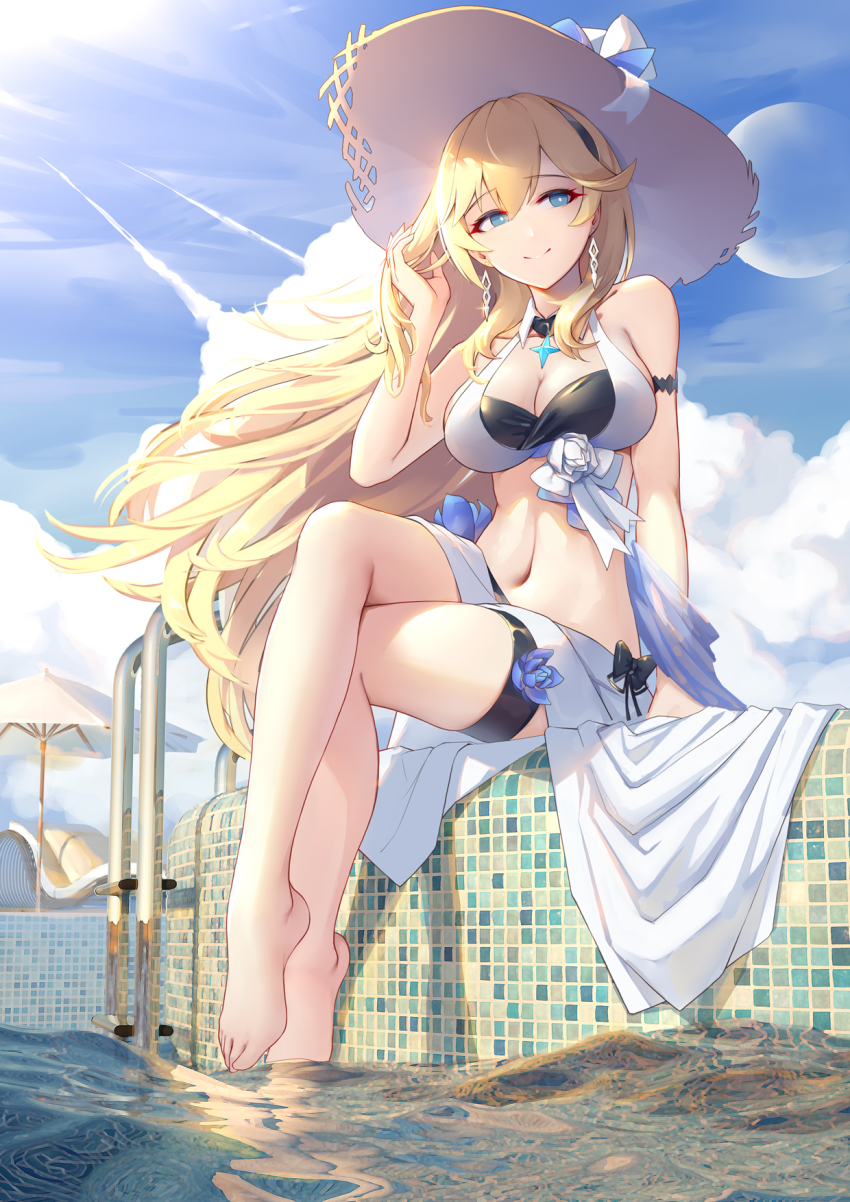 1girl armband barefoot beach_chair beach_umbrella benghuai_xueyuan durandal_(honkai_impact) bikini blonde_hair blue_eyes blue_sky breasts cleavage closed_mouth cloud contrail day earrings flower hand_in_own_hair hat hat_ribbon highres honkai_(series) honkai_impact_3rd jewelry layered_bikini legs liu_lan long_hair medium_breasts moon navel necklace outdoors pool pool_ladder poolside reflection reflective_water ribbon sarong sitting sky smile solo sun_hat swimsuit thigh_strap thighs toes umbrella water white_bikini