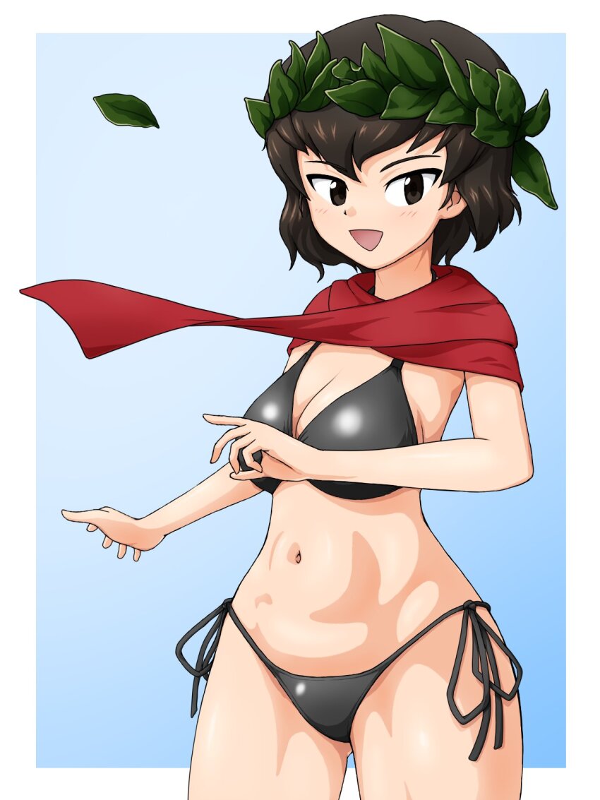 1girl bikini black_bikini breasts brown_eyes brown_hair caesar_(girls_und_panzer) girls_und_panzer hair_ornament highres laurel_crown leaf_hair_ornament navel red_scarf scarf short_hair side-tie_bikini_bottom smile swimsuit yass_hero