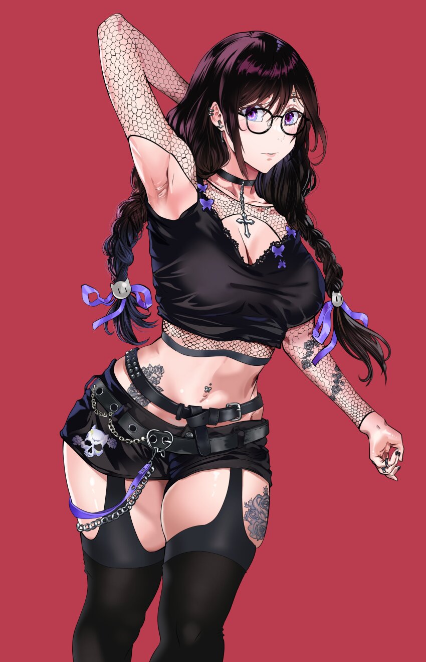 1girl absurdres arm_tattoo armpits belt black_choker black_hair black_nails blush braid breasts cat_hair_ornament chain choker cleavage crop_top cross ear_piercing earrings emo_fashion eyebrow_piercing firstdayiyui fishnet_top fishnets glasses goth_fashion hair_ornament hairclip hanekawa_tsubasa highres jewelry large_breasts leg_tattoo long_hair looking_at_viewer makeup midriff monogatari_(series) multiple_belts navel_piercing piercing presenting_armpit purple_eyes ribbon skindentation skull solo stomach_tattoo tattoo thick_thighs thigh_strap thighhighs thighs twin_braids