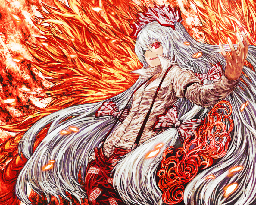 1girl akasia bow colored_eyelashes faux_traditional_media female_focus fire fujiwara_no_mokou hair_bow hair_over_one_eye hand_in_pocket long_hair long_sleeves outstretched_arm red_eyes shirt silver_hair solo suspenders touhou very_long_hair white_shirt