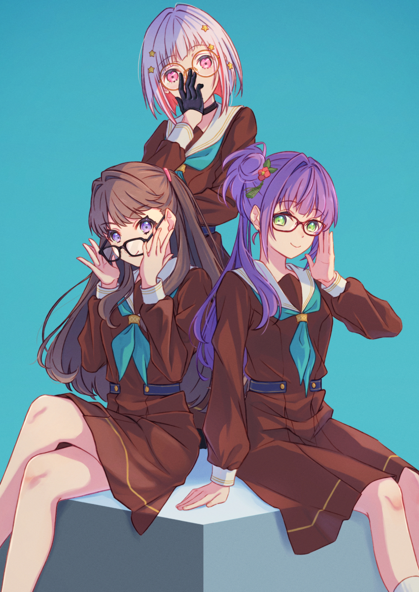 3girls adjusting_eyewear aqua_background aqua_neckerchief bespectacled black-framed_eyewear black_choker black_gloves black_pantyhose bob_cut brown_dress brown_hair choker colored_inner_hair commentary_request covering_own_mouth cropped crossed_legs diagonal_bangs dress feet_out_of_frame flower fujishima_megumi glasses gloves green_eyes grey_hair hair_bun hair_flower hair_ornament half_gloves hand_over_own_mouth hasu_no_sora_school_uniform highres inverted_bob link!_like!_love_live! lone_nape_hair long_hair long_sleeves love_live! macken666 medium_dress multicolored_hair multiple_girls neckerchief otomune_kozue pantyhose partial_commentary pleated_dress purple_eyes purple_hair red-framed_eyewear red_flower red_hair round_eyewear sailor_collar sailor_dress school_uniform short_hair side_ponytail sidelocks single_side_bun sitting smile socks standing star_(symbol) star_hair_ornament streaked_hair two_side_up virtual_youtuber white_sailor_collar white_socks winter_uniform yellow-framed_eyewear yugiri_tsuzuri