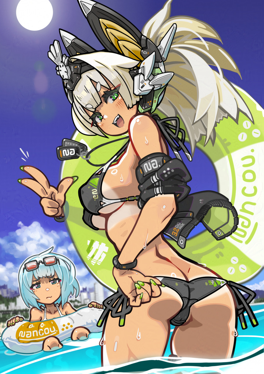 2girls ass bikini bikini_tan black_bikini blonde_hair blue_eyes blue_hair breasts butt_crack dog_tags eyewear_on_head green_eyes hand_on_own_hip headgear highres innertube jacket long_hair looking_at_viewer medium_breasts megami_device multiple_girls nancou_(nankou) off_shoulder open_clothes open_jacket open_mouth outdoors ponytail short_hair side-tie_bikini_bottom sunglasses swim_ring swimsuit tan tanline v wet