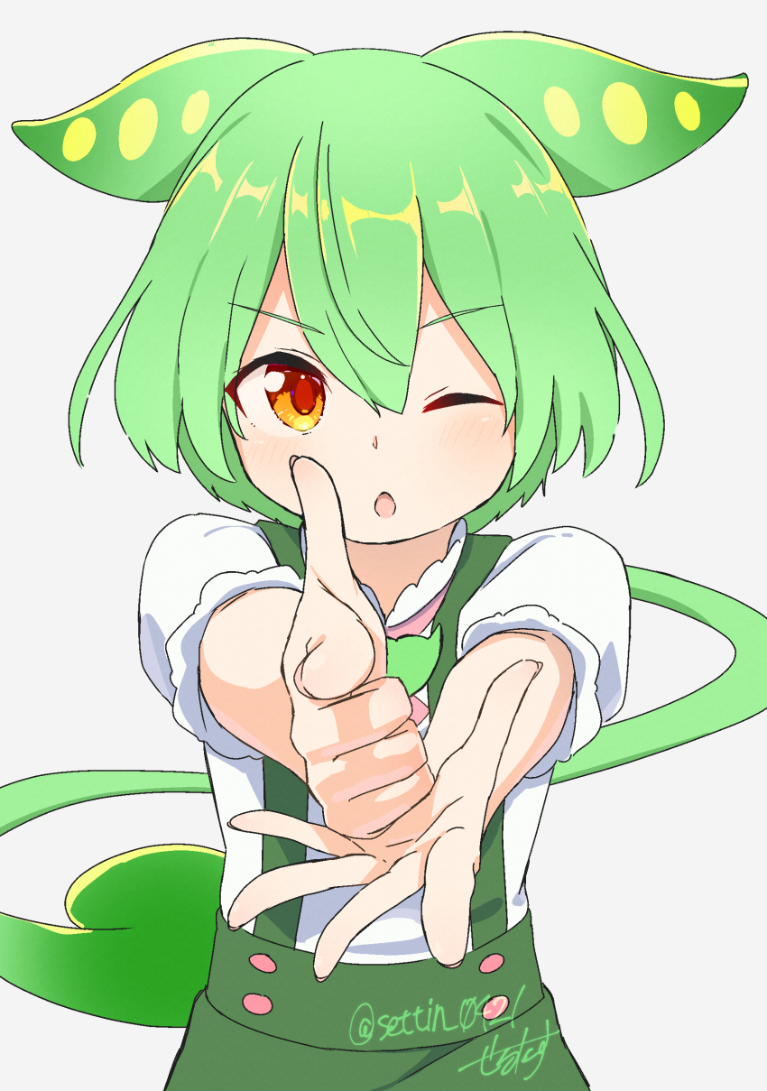 1girl absurdres commentary finger_gun green_hair highres long_hair looking_at_viewer one_eye_closed orange_eyes ponytail sechin simple_background solo suspenders very_long_hair voicevox zundamon