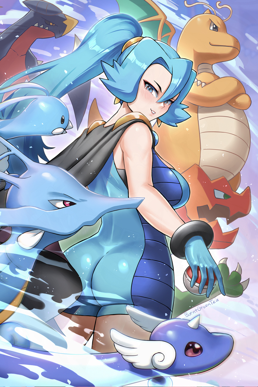 1girl altaria ass bird black_cape black_sclera blue_background blue_bodysuit blue_eyes blue_gloves blue_hair bodysuit breasts burnt_green_tea cape clair_(pokemon) claws colored_sclera commentary creatures_(company) crossed_arms dragon dragonair dragonite druddigon evolutionary_line fangs fangs_out game_freak garchomp gen_1_pokemon gen_2_pokemon gen_3_pokemon gen_4_pokemon gen_5_pokemon gloves green_eyes hair_between_eyes head_wings high_ponytail highres holding holding_poke_ball horns kingdra large_breasts long_hair nintendo poke_ball poke_ball_(basic) pokemon pokemon_(creature) pokemon_hgss ponytail red_eyes single_horn skin_fangs smile snake wings yellow_eyes