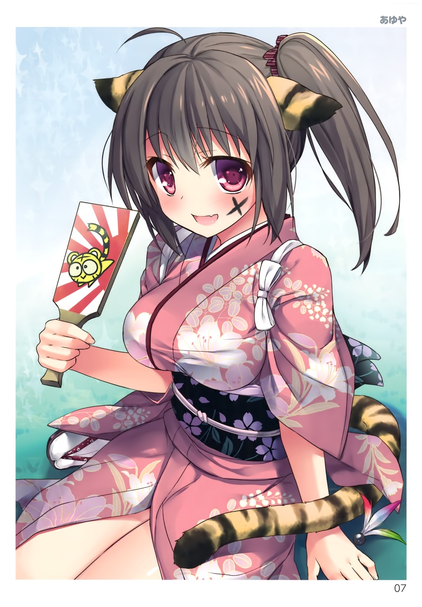 :d absurdres ahoge animal_ears artist_name bankoku_ayuya brown_hair facial_mark hair_ornament highres holding japanese_clothes kimono long_hair looking_at_viewer obi open_mouth pink_kimono red_eyes sash side_ponytail sitting smile socks solo tail white_socks yukata