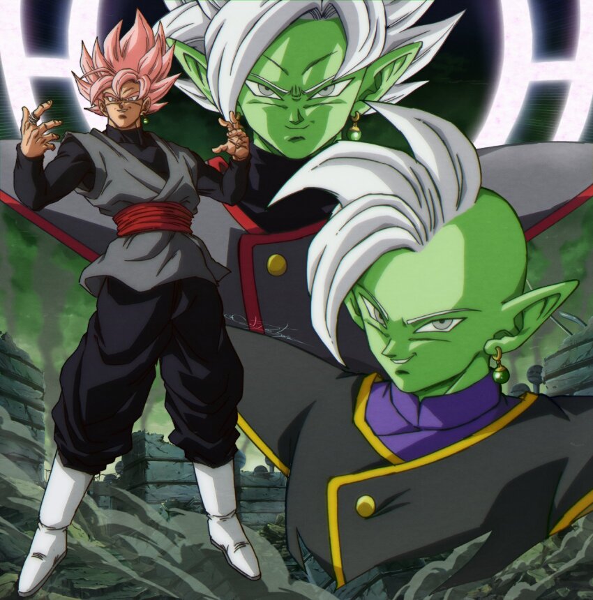 3boys black_bodysuit bodysuit catdestroyer colored_skin dougi dragon_ball dragon_ball_super earrings fused_zamasu goku_black green_skin grey_eyes halo highres jewelry long_sleeves looking_ahead mohawk multiple_boys pink_hair pointy_ears potara_earrings purple_shirt red_sash ring saiyan sash shirt short_hair smirk spiked_hair super_saiyan super_saiyan_rose white_hair zamasu