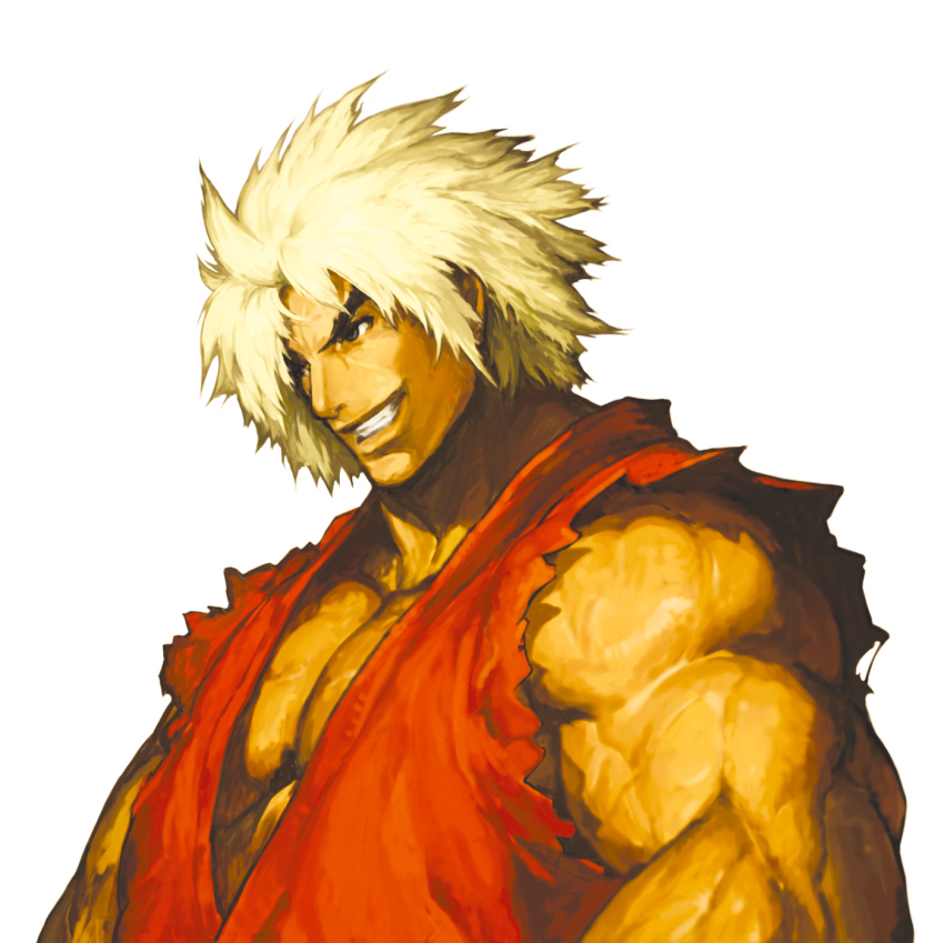 1boy blonde_hair capcom dougi grin highres ken_masters male_focus muscular nona official_art sleeveless smile solo street_fighter svc_chaos violent_ken