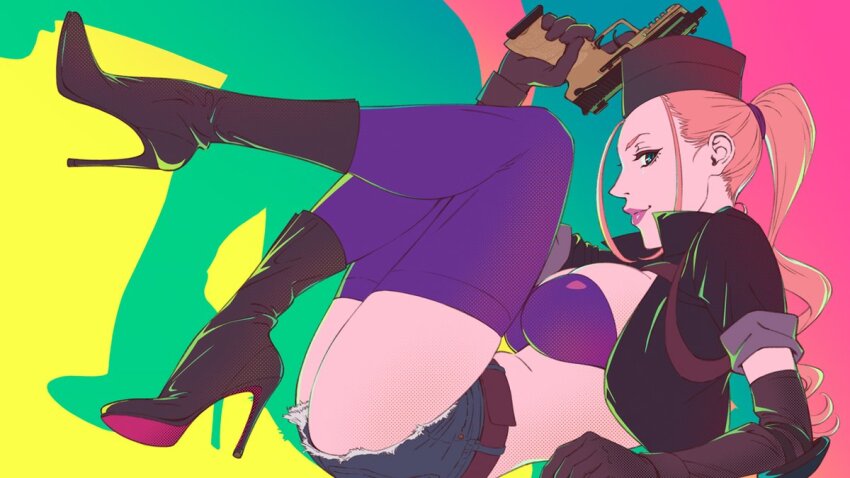 1girl black_hat black_jacket blonde_hair blue_eyes blue_shorts boots breasts character_request cropped_jacket denim denim_shorts full_body green_background gun hat high_heel_boots high_heels high_ponytail holding holding_gun holding_weapon jacket konnota large_breasts looking_at_viewer official_art open_clothes open_jacket pink_background purple_thighhighs purple_tube_top short_shorts shorts simple_background solo strapless sword_art_online sword_art_online_alternative:_gun_gale_online thighhighs trigger_discipline tube_top weapon yellow_background