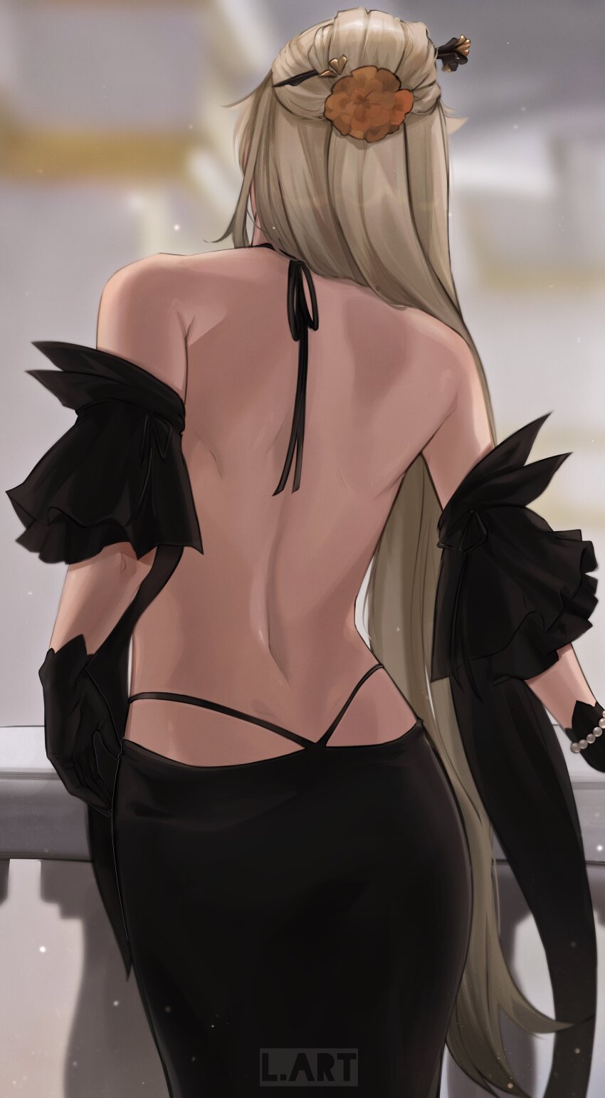 1girl absurdres back_turned backless_outfit bare_shoulders black_gloves flower genshin_impact gloves hair_flower hair_ornament highres lart_art1 long_hair ningguang_(genshin_impact) solo upper_body very_long_hair white_hair