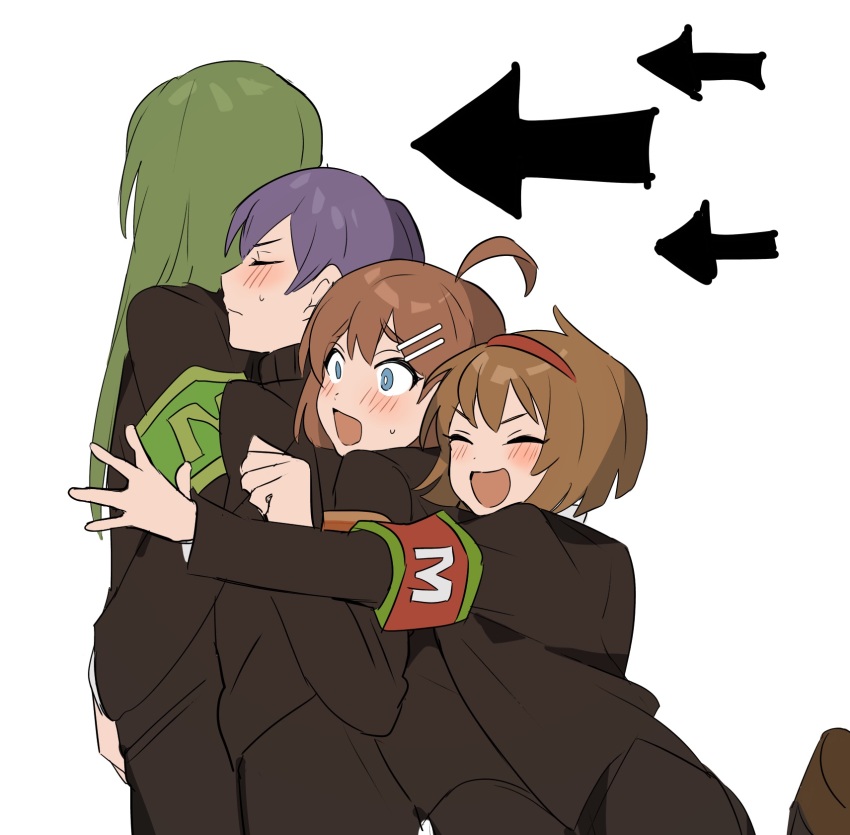 2boys 2girls ahoge arrow_(projectile) black_jacket black_pants blush brown_footwear brown_hair closed_eyes closed_mouth green_hair hairband highres hod_(project_moon) jacket lobotomy_corporation long_hair long_sleeves malkuth_(project_moon) mu46016419 multiple_boys multiple_girls netzach_(project_moon) open_mouth pants project_moon purple_hair red_hairband shoes short_hair simple_background smile very_long_hair white_background yesod_(project_moon)