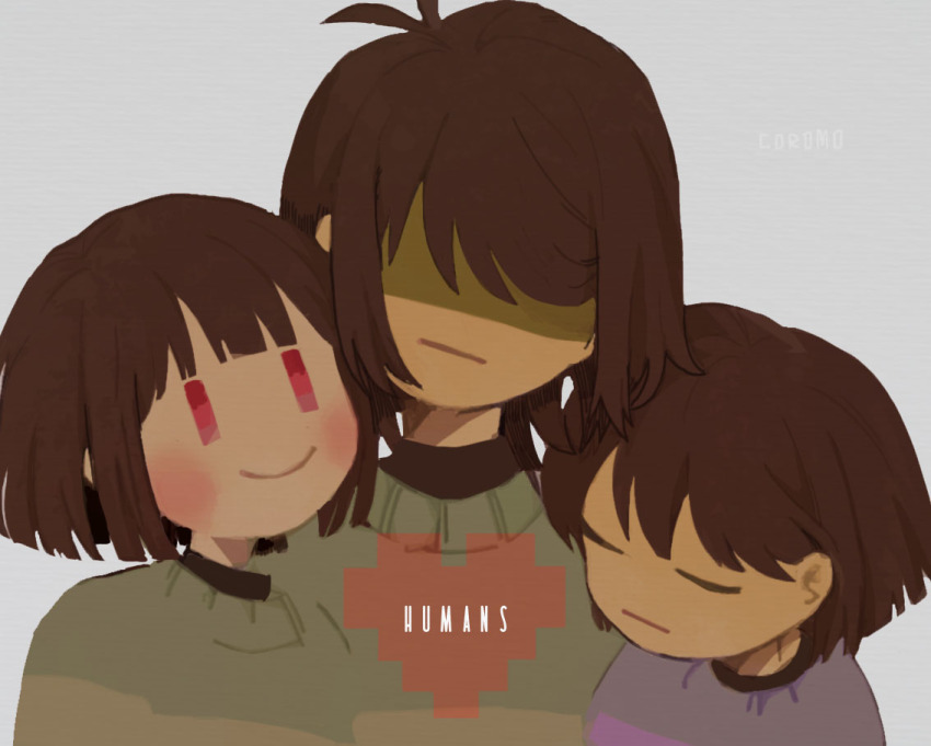 3others blue_sweater brown_hair chara_(undertale) closed_mouth corogarucoromo covered_eyes deltarune english_text frisk_(undertale) green_sweater kris_(deltarune) multiple_others red_eyes short_hair smile sweater undertale upper_body