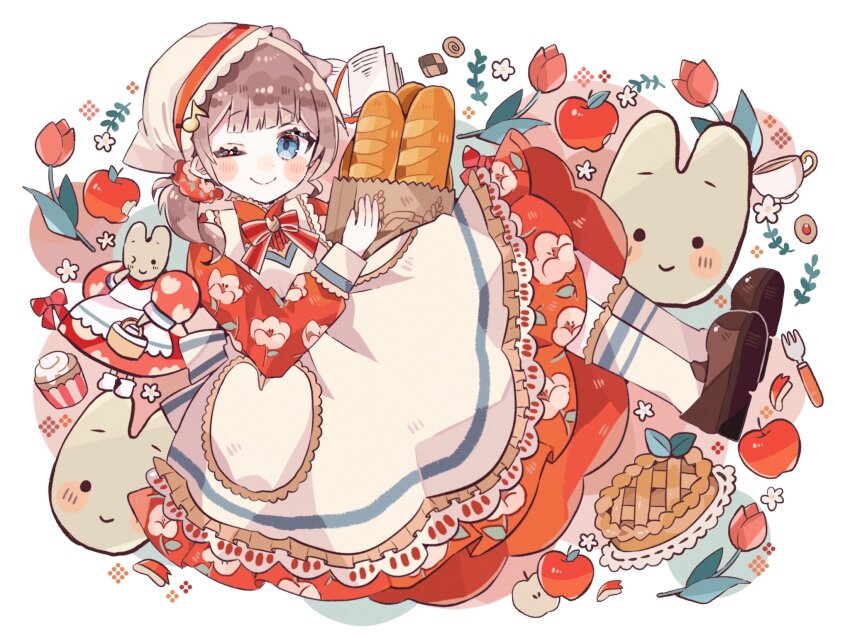 1girl ;) apple apron blue_eyes blush bread brown_footwear brown_hair commentary dress flat_chest floral_print food fork fruit full_body hair_ornament hashtag-only_commentary highres holding holding_food hood long_sleeves looking_at_viewer mochizuki_honami musical_note ojipyon one_eye_closed pie project_sekai red_dress red_ribbon ribbon smile socks solo white_apron white_socks