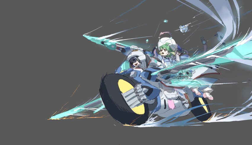 alternate_costume blonde_hair blue_hair coat d-wheel green_hair grey_background helmet highres hugo_(yu-gi-oh!) medium_hair motor_vehicle motorcycle multicolored_hair riding rin_(yu-gi-oh!) shiqicheng simple_background sketch two-tone_hair white_coat white_helmet yu-gi-oh! yu-gi-oh!_arc-v