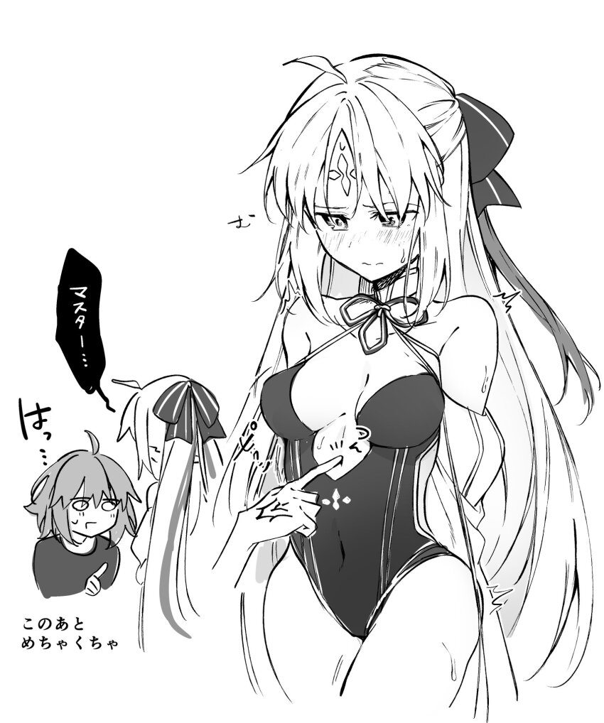 2girls ahoge artoria_caster_(fate) artoria_caster_(swimsuit)_(fate) artoria_caster_(swimsuit)_(third_ascension)_(fate) artoria_caster_(swimsuit_berserker)_(fate) artoria_caster_(swimsuit_berserker)_(third_ascension)_(fate) artoria_pendragon_(fate) blush breasts command_spell covered_navel facial_mark fate/grand_order fate_(series) forehead_mark fujimaru_ritsuka_(female) greyscale highres long_hair medium_breasts monochrome multiple_girls one-piece_swimsuit poking somori swimsuit