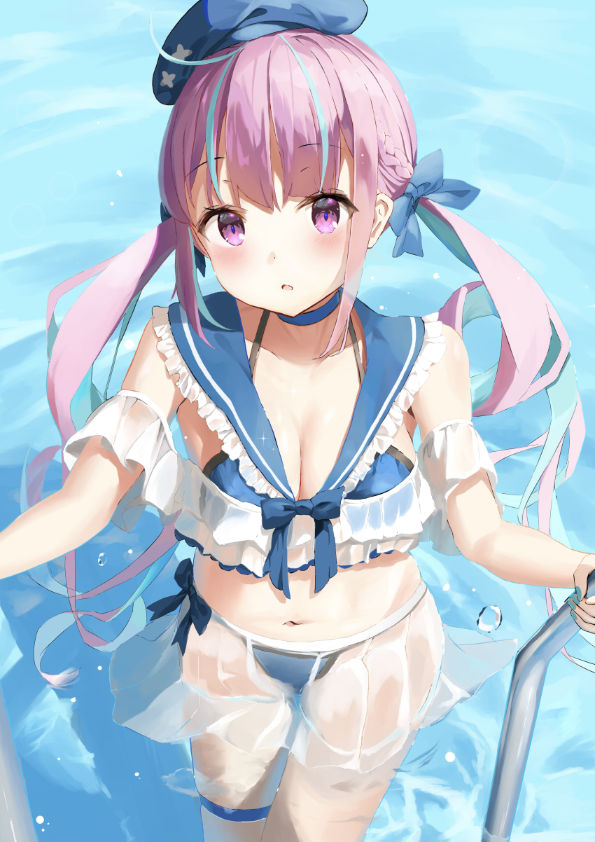 :o absurdres bikini blue_bikini blue_bow blue_choker blue_hair blush bow braid breasts choker cleavage frilled_bikini frills hair_bow hat highres hololive large_breasts long_hair matcha_(user_yyss8744) minato_aqua multicolored_hair nail_polish navel open_mouth partially_submerged pool purple_eyes purple_hair see-through_clothes see-through_skirt sidelocks skirt standing swimsuit thigh_strap twintails very_long_hair virtual_youtuber water