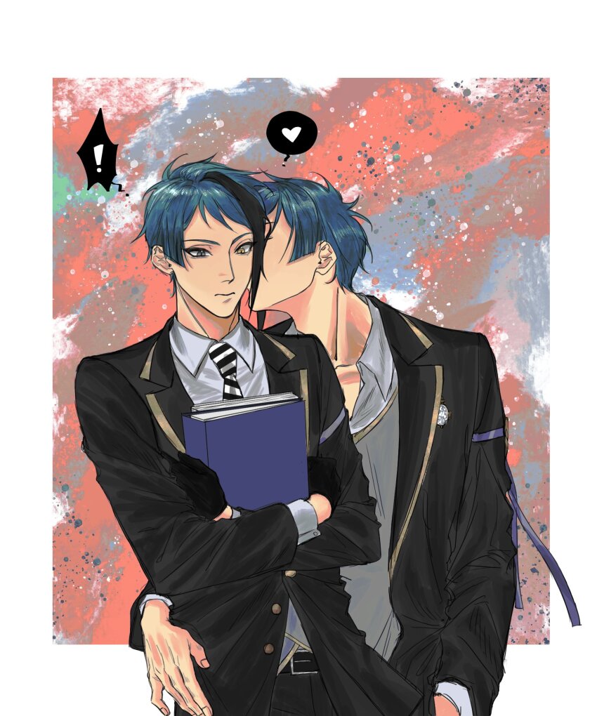 august2486 blue_hair book brothers commentary_request floyd_leech grey_eyes heterochromia highres holding holding_book incest jade_leech kiss kissing_cheek night_raven_college_uniform pink_background school_uniform short_hair siblings twins twisted_wonderland upper_body yaoi yellow_eyes