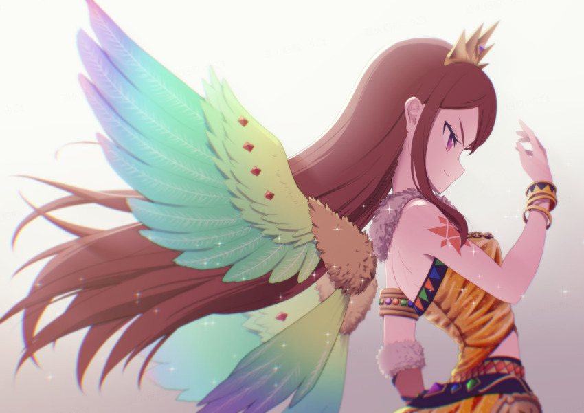 1girl aikatsu! aikatsu!_(series) arm_at_side armlet bare_arms bare_shoulders bracelet breasts brown_hair fake_wings floating_hair from_side gradient_background grey_background hand_up highres idol idol_clothes irigoma_(jikabi_baisen) jewelry long_hair looking_ahead midriff purple_eyes shibuki_ran shirt sidelocks sideways_mouth skirt sleeveless sleeveless_shirt small_breasts solo sparkle straight_hair tiara upper_body v-shaped_eyebrows white_background wings yellow_shirt yellow_skirt