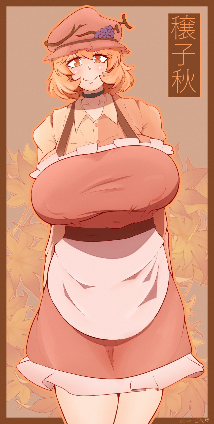 1girl absurdres aki_minoriko apron aura breasts brown_background brown_eyes brown_shirt character_name cmerc112 commentary cowboy_shot food-themed_hair_ornament grape_hair_ornament hair_ornament hat highres huge_breasts leaf leaf_background light_blush long_sleeves maple_leaf mob_cap orange_hair orange_shirt overalls red_hat red_overalls shirt short_hair smile solo swept_bangs touhou two-tone_shirt white_apron