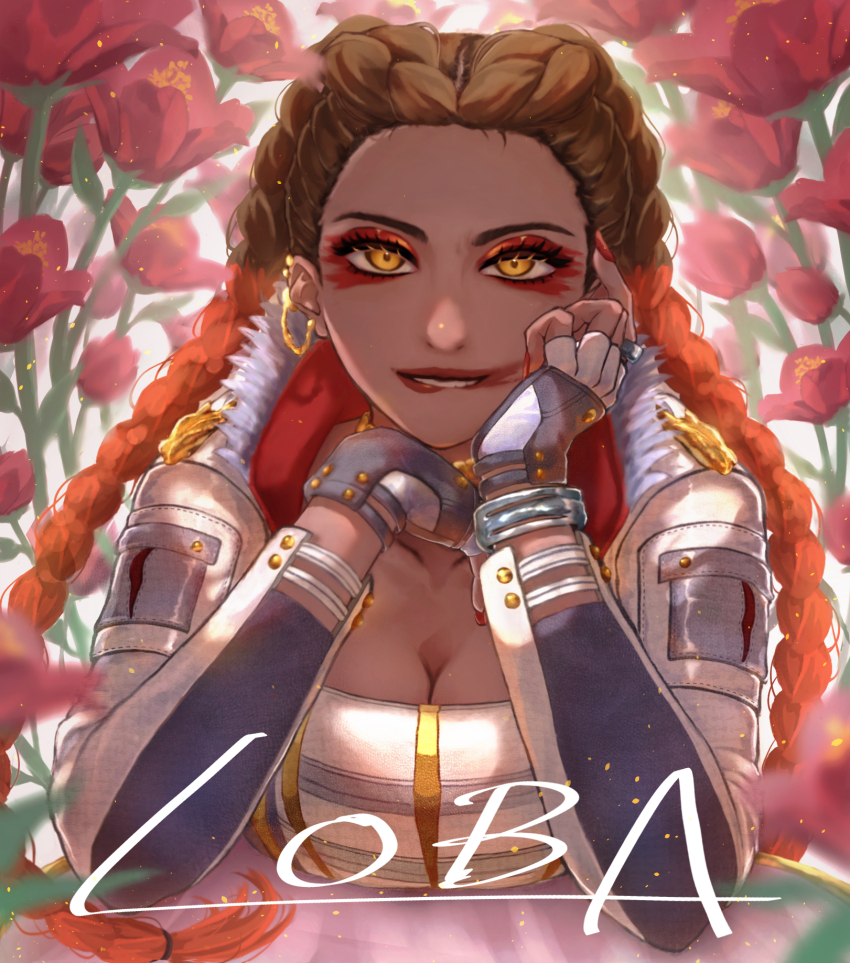 1girl animification apex_legends braid breasts brown_eyes brown_hair character_name cleavage collarbone dark-skinned_female dark_skin ear_piercing eyeshadow fingerless_gloves flower fur-trimmed_jacket fur_trim gloves hand_on_own_cheek hand_on_own_face highres jacket large_breasts lipstick loba_(apex_legends) looking_at_viewer makeup mardrom multicolored_hair nail_polish piercing red_eyeshadow red_flower red_hair red_lips red_nails shirt smeared_lipstick smile solo tulip twin_braids two-tone_hair white_jacket white_shirt