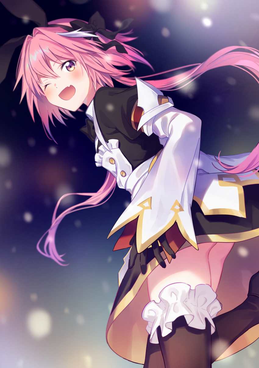 1boy ass astolfo_(fate) astolfo_(saber)_(fate) astolfo_(saber)_(third_ascension)_(fate) black_bow black_gloves black_ribbon blush bow bowtie commentary_request dress fang fate/grand_order fate_(series) frills from_below fuji_fujino gloves hair_bow hair_intakes hair_ribbon highres long_hair long_sleeves looking_at_viewer male_focus multicolored_hair one_eye_closed pink_hair purple_eyes ribbon skin_fang solo streaked_hair thighhighs trap twintails white_hair