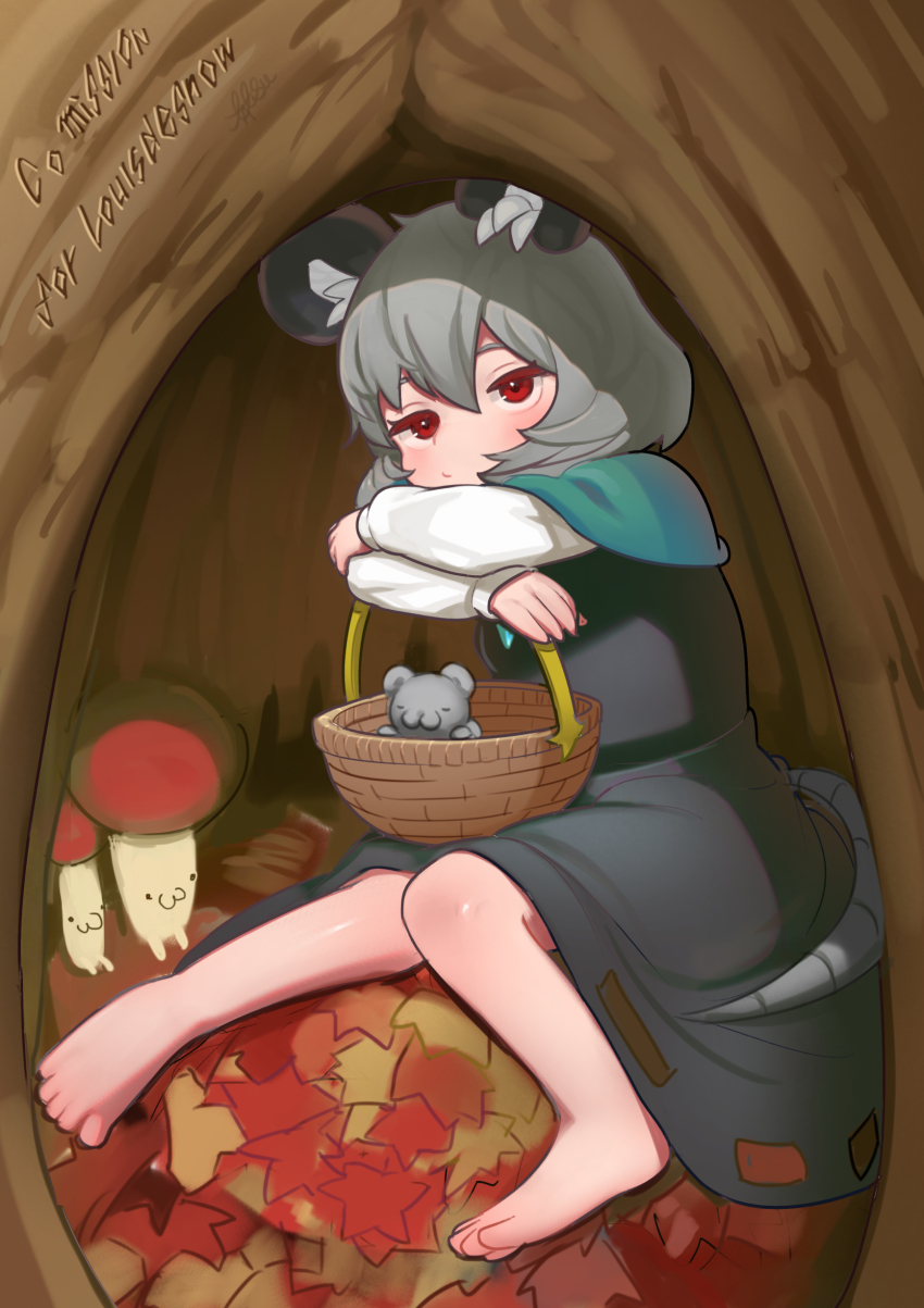 1girl :3 absurdres animal_ears autumn_leaves barefoot basket blue_capelet blush capelet closed_mouth commentary_request commission full_body grey_hair grey_skirt grey_vest head_rest highres jewelry leaf long_sleeves looking_at_viewer mouse_(animal) mouse_ears mouse_girl mouse_tail nazrin pendant red_eyes serakawa shirt short_hair sitting skirt skirt_set solo tail touhou tree_hollow vest white_shirt