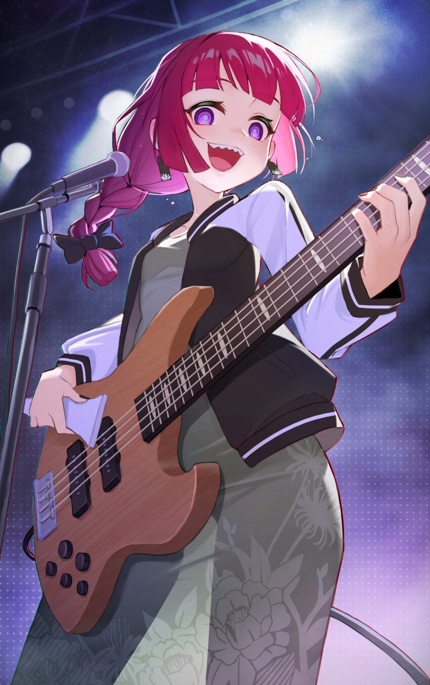 1girl :d @_@ absurdres bachi bass_guitar black_bow black_nails blunt_bangs bocchi_the_rock! bow braid breasts commentary_request dress floral_print green_dress hair_bow hand_up highres hiroi_kikuri holding holding_instrument instrument jacket liangcha_jun long_hair long_sleeves looking_at_viewer microphone microphone_stand multicolored_clothes multicolored_jacket music nail_polish open_clothes open_jacket open_mouth playing_bass_guitar playing_instrument plectrum purple_eyes purple_hair see-through_clothes sharp_teeth single_braid small_breasts smile solo stage_lights standing teeth two-tone_jacket yamaha_trb