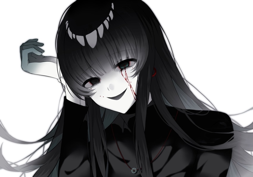 1girl ame_(ley13) black_eyes black_hair black_sleeves blood bloody_tears blunt_bangs colored_extremities colored_skin earrings green_eyes hand_on_own_head head_tilt heterochromia highres hime_cut jewelry long_hair long_sleeves naihe_(female)_(touqi_guaitan) necklace open_mouth red_pupils sidelocks simple_background smile solo touqi_guaitan white_background white_skin