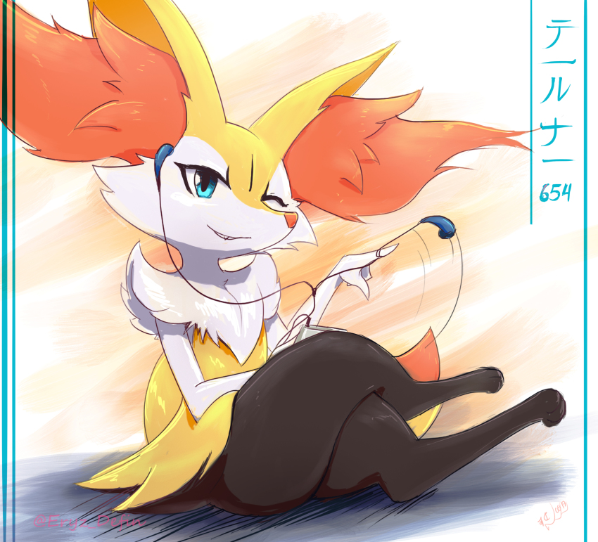 1girl alternate_eye_color animal_ear_fluff animal_ears animal_hands animal_nose artist_name black_fur blue_eyes body_fur braixen character_name creatures_(company) crossed_legs dated digital_media_player earphones eryz fang fang_out female_focus flat_chest fox_ears fox_girl fox_tail full_body furry furry_female game_freak gen_6_pokemon grin hand_up highres ipod japanese_text looking_at_viewer motion_lines nintendo one_eye_closed orange_background pokedex_number pokemon pokemon_(creature) sideways_glance signature simple_background sitting smile snout solo tail thick_thighs thighs translated watermark white_fur wink yellow_fur