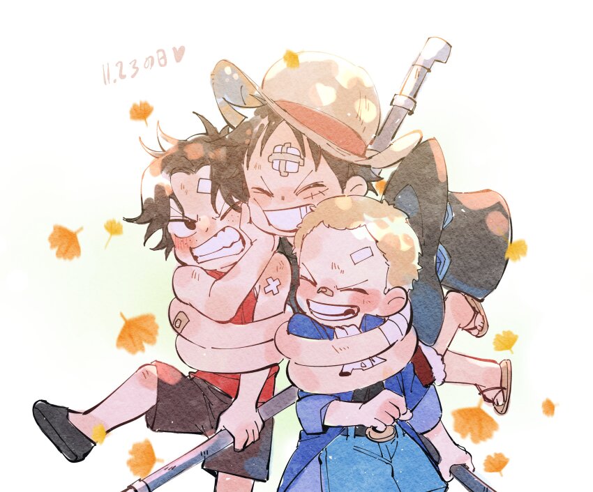 3boys ^_^ absurdres aged_down bandaid bandaid_on_arm bandaid_on_face black_hair black_shorts blonde_hair blue_coat blush brothers child closed_eyes coat commentary freckles ginkgo_leaf hat highres holding hug hug_from_behind leaf missing_tooth monkey_d._luffy multiple_boys one_eye_closed one_piece pnj portgas_d._ace red_shirt sabo_(one_piece) sandals scar scar_on_face shirt shorts siblings straw_hat