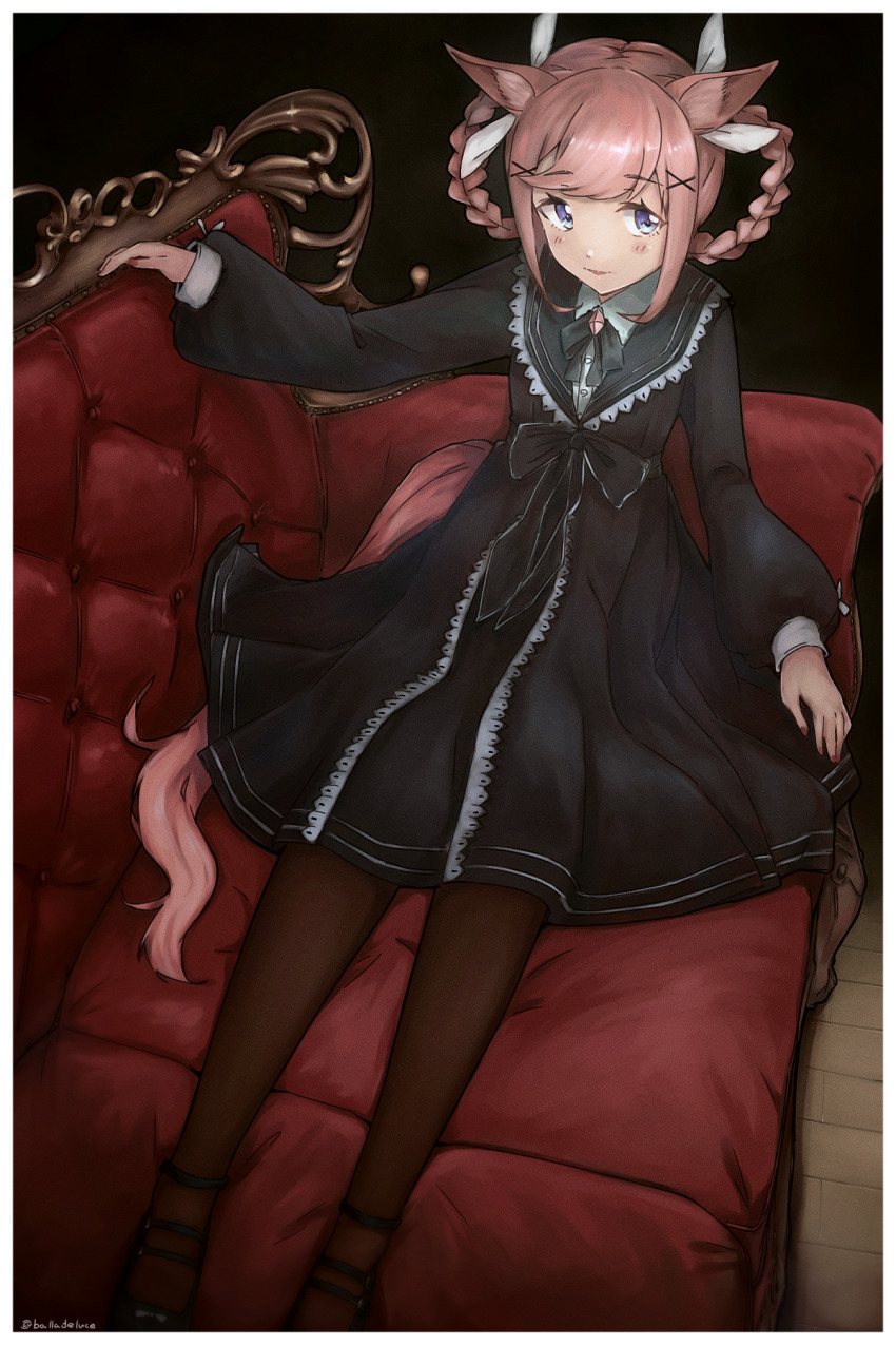 1girl agnes_digital_(umamusume) alternate_costume alternate_hairstyle animal_ears balladeluce black_dress black_ribbon blue_eyes blush border braid braided_hair_rings brown_hair closed_mouth commentary_request couch dress feet_out_of_frame from_above hair_rings hand_up highres horse_ears horse_girl horse_tail long_sleeves looking_at_viewer neck_ribbon on_couch outstretched_legs reclining ribbon shirt sidelocks smile solo tail twitter_username umamusume white_border white_shirt wooden_floor