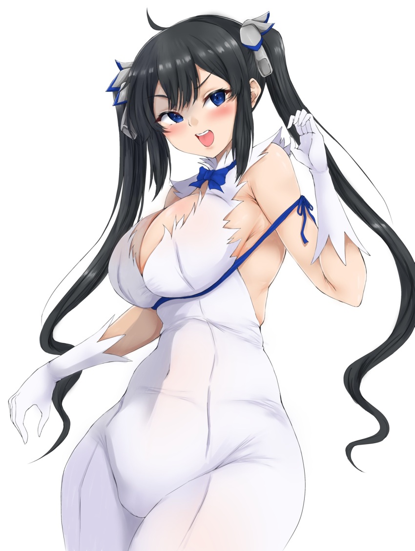 1girl bare_shoulders black_hair blue_eyes blue_ribbon blush breasts cleavage cleavage_cutout clothing_cutout dress dungeon_ni_deai_wo_motomeru_no_wa_machigatteiru_darou_ka elbow_gloves gloves hair_ribbon hestia_(danmachi) highres large_breasts long_hair looking_at_viewer open_mouth ribbon ryou_(619-619) short_dress solo twintails white_background white_dress white_gloves