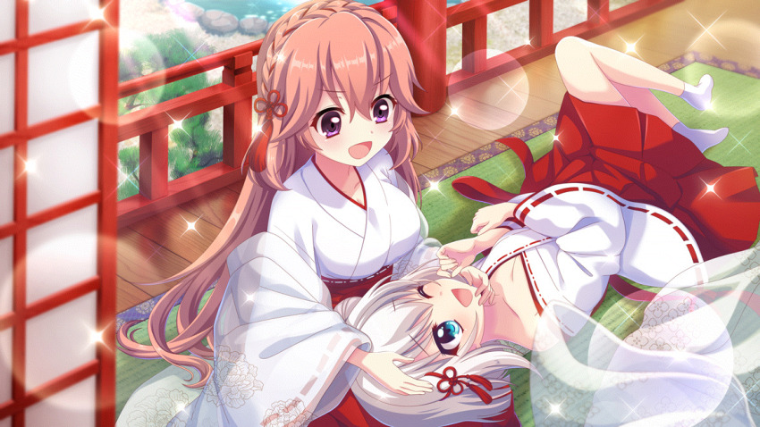 2girls :d ;d blue_eyes braid breasts cleavage collarbone crown_braid dot_nose film_grain floral_print game_cg haeno_akari hair_bun hair_ornament hakama hand_on_another&#039;s_chin hand_on_another&#039;s_head izumi_tsubasu japanese_clothes kosode lap_pillow large_breasts lens_flare long_hair lying medium_breasts miko multiple_girls nishidate_haku non-web_source official_art on_back one_eye_closed open_mouth orange_hair purple_eyes railing re:stage! red_hakama short_hair single_off_shoulder single_side_bun smile socks sparkle white_hair white_socks wooden_floor