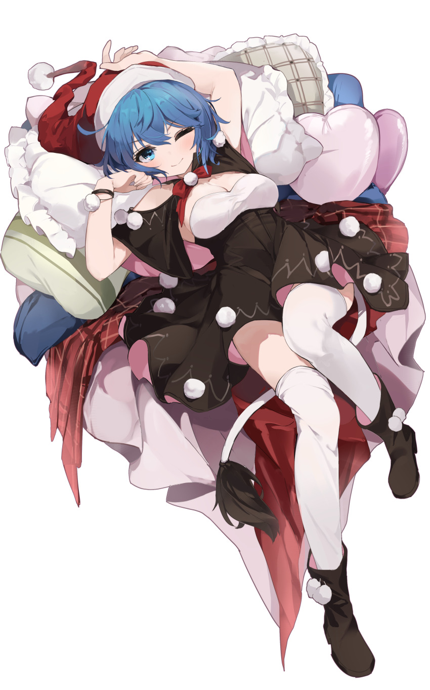 1girl absurdres alternate_costume blanket blue_eyes blue_hair blush breasts chinese_commentary cleavage closed_mouth commentary_request coria doremy_sweet dress hat head_on_pillow heart heart-shaped_pillow highres multicolored_clothes multicolored_dress nightcap one_eye_closed pillow pom_pom_(clothes) red_hat shoes smile solo strapless strapless_dress tail tapir_tail thighhighs touhou white_thighhighs