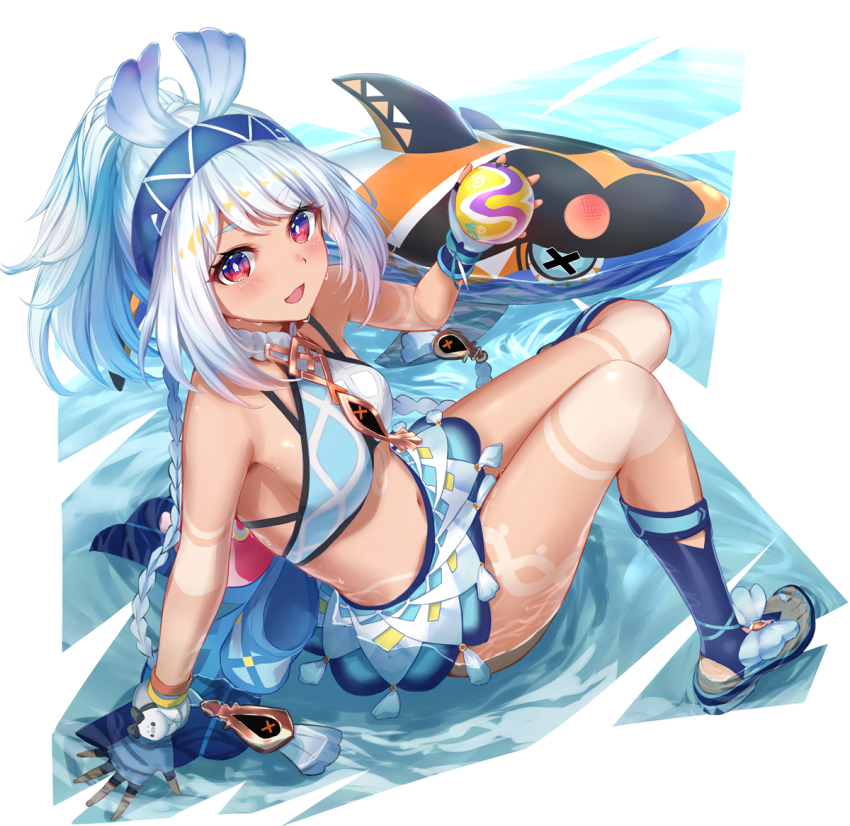 1girl ball bare_shoulders bikini blue_hair blue_skirt blush body_markings bracelet braid breasts fingerless_gloves genshin_impact gloves hairband jewelry kachayori light_blue_hair long_hair looking_at_viewer low_twin_braids medium_breasts microskirt mualani_(genshin_impact) navel open_mouth ponytail red_eyes shark sidelocks sitting skirt smile solo swimsuit twin_braids water white_bikini white_gloves white_hair