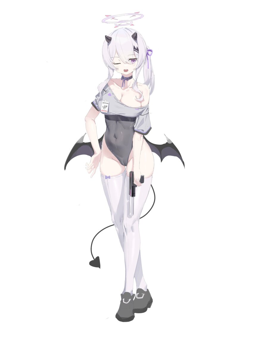 1girl 2t_(vmyz7342) ;d bare_shoulders black_choker black_footwear black_leotard black_wings breasts cameltoe choker cleavage covered_navel demon_girl demon_horns demon_tail demon_wings fang full_body grey_hair grey_shirt gun hair_between_eyes hair_ornament hair_ribbon halo handgun highleg highres holding holding_gun holding_weapon horns large_breasts leotard long_hair looking_at_viewer low_wings off-shoulder_shirt off_shoulder one_eye_closed open_mouth original purple_eyes ribbon shirt shoes short_sleeves side_ponytail simple_background smile solo standing tail thighhighs weapon white_background white_thighhighs wings