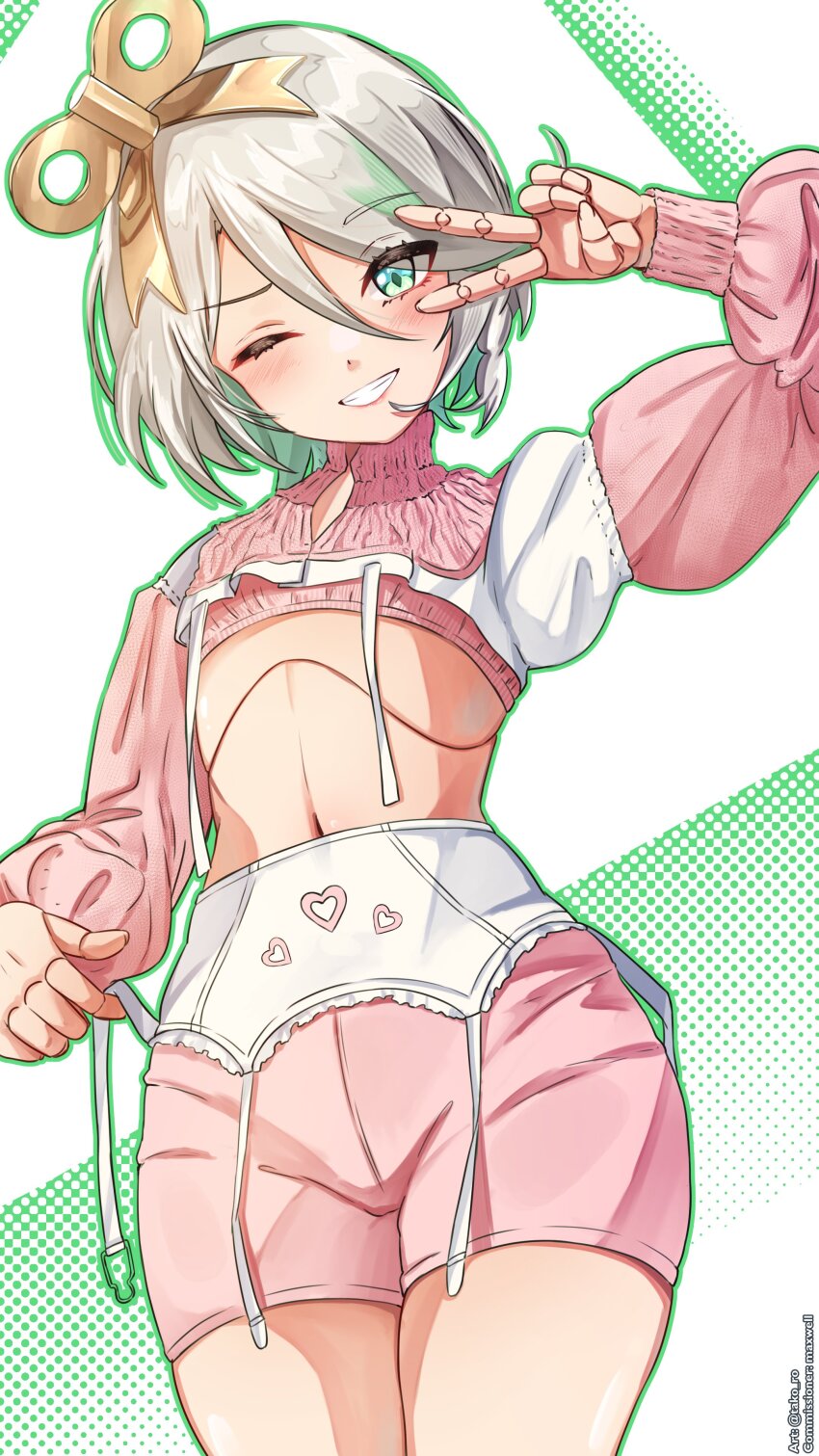 1girl absurdres cecilia_immergreen commission cropped_jacket doll_joints flat_chest green_eyes green_hair grey_hair grin highres hololive hololive_english jacket joints multicolored_hair navel one_eye_closed pink_jacket pink_shorts shorts smile solo streaked_hair takoroki teeth v v_over_eye virtual_youtuber winding_key