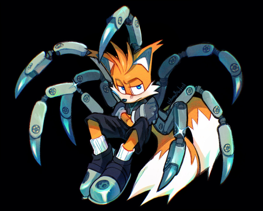 1boy animal_ears animal_nose black_background blue_eyes closed_mouth commentary english_commentary fox_boy fox_ears fox_tail frown full_body furry furry_male gloves grey_gloves highres male_focus mechanical_tail multiple_tails nine_(sonic) shoes simple_background solo sonic_(series) sonic_prime standing straybird25 tail tails_(sonic) two_tails