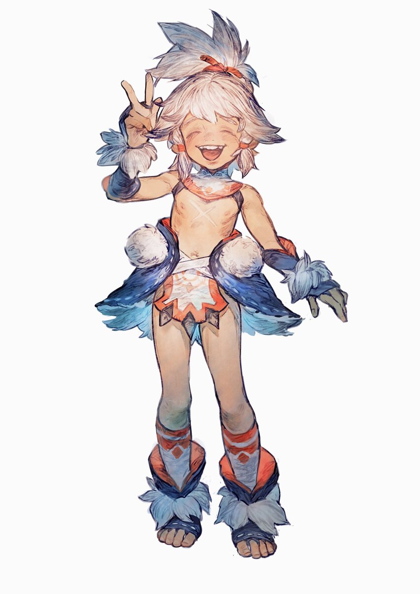 1boy ^_^ arm_at_side arm_up bare_legs blue_boots boots child closed_eyes collar cross_scar detached_collar elbow_gloves facing_viewer fingerless_gloves full_body fur-trimmed_boots fur-trimmed_gloves fur_trim gloves grey_hair hair_flaps happy highres loincloth male_focus navel nipples nostrils open-toe_boots open_mouth original pom_pom_(clothes) red_socks red_trim ribbon-trimmed_skirt ribbon_trim scar scar_on_chest showgirl_skirt sidelocks simple_background skinny smile socks standing swept_bangs tachi-e teeth tooth_gap topknot topless_male upper_teeth_only v white_collar white_socks yotsuyu