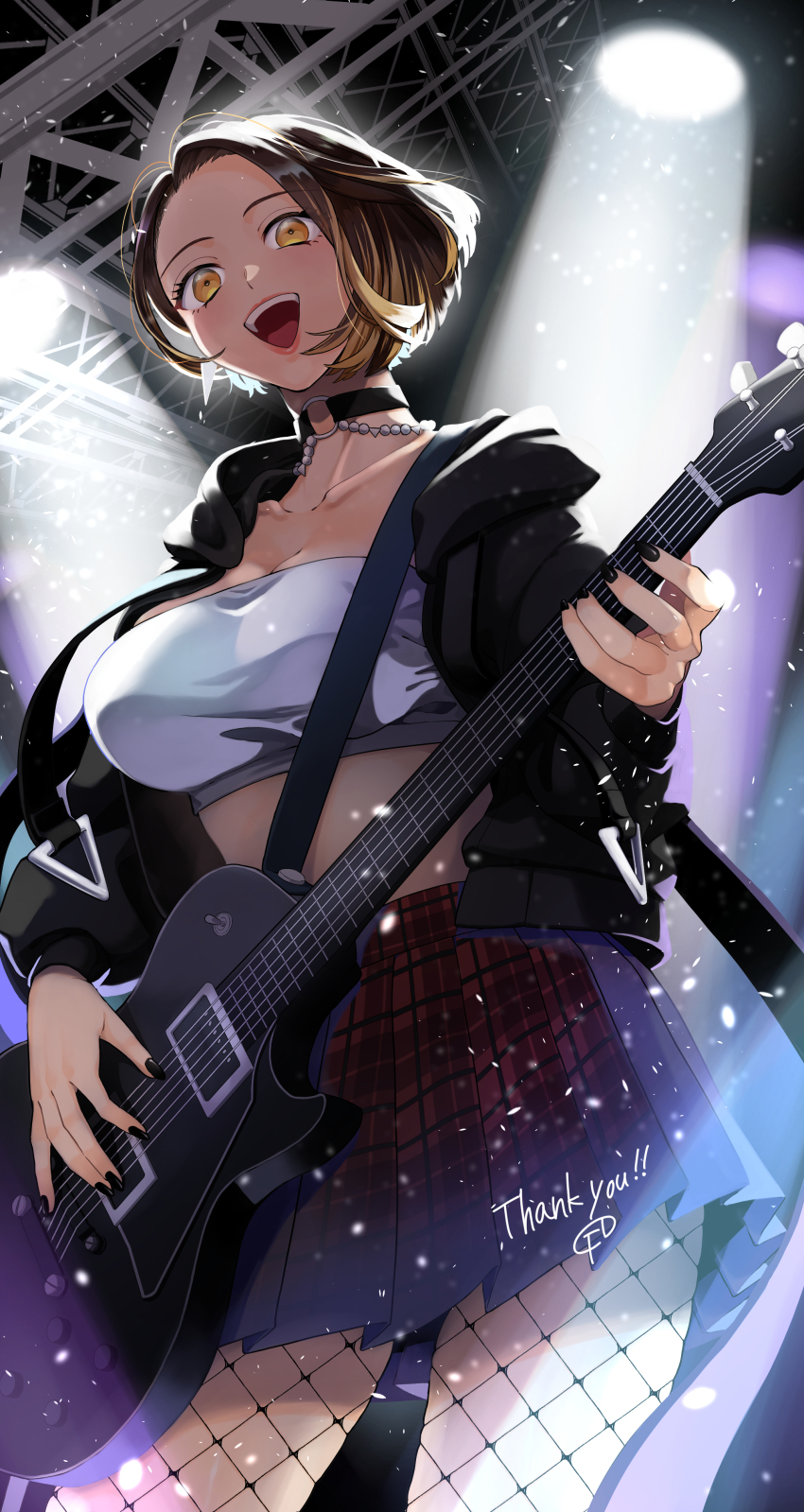 1girl :d absurdres black_choker black_jacket black_nails black_skirt breasts brown_hair choker cleavage commentary_request concert electric_guitar fishnet_pantyhose fishnets from_below fuku_dan gibson_les_paul guitar guitar_strap highres holding holding_guitar holding_instrument hood hooded_jacket instrument jacket large_breasts miniskirt music nail_polish open_mouth original pantyhose parted_bangs plaid_clothes plaid_skirt playing_guitar playing_instrument short_hair skirt smile solo spotlight stage_lights stomach strapless thank_you tube_top white_tube_top yellow_eyes